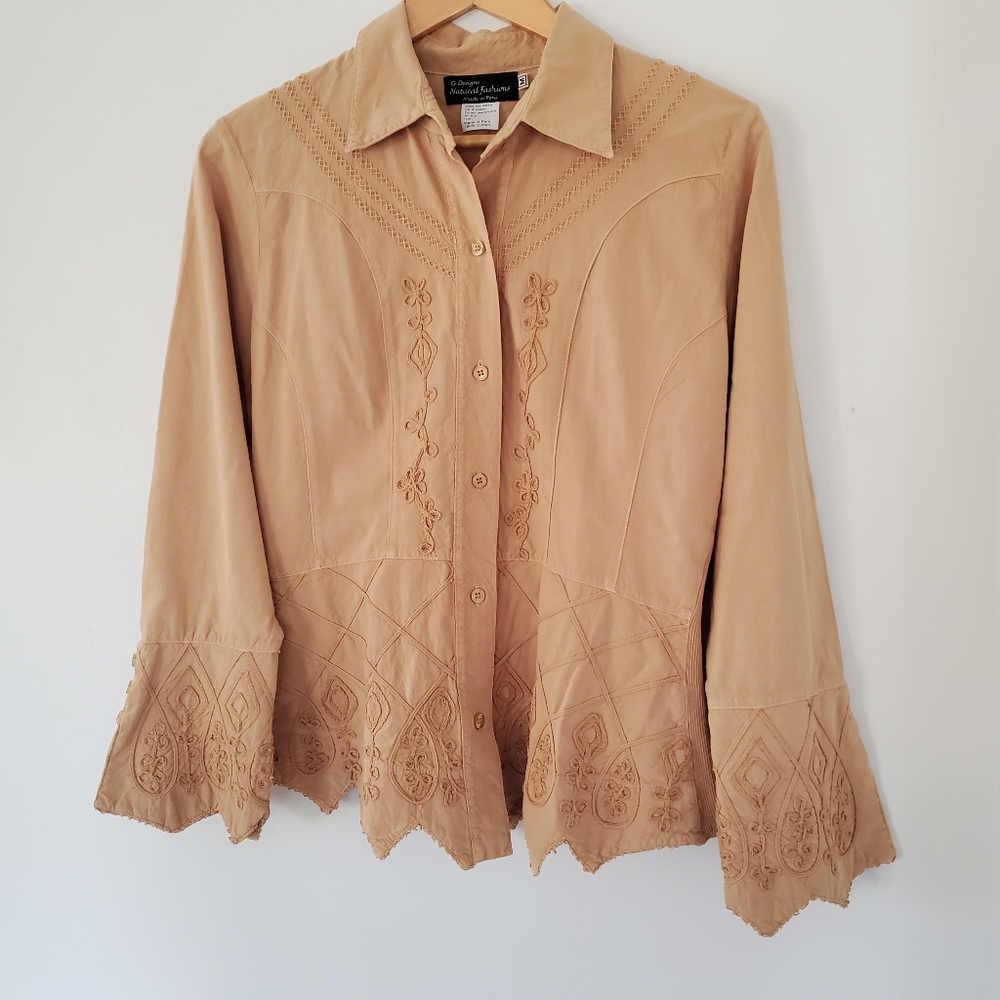 G. DESIGNS Sz L Embroidered Button Down Tan Shirt Peru Cotton Bohemian Western - Picture 5 of 13